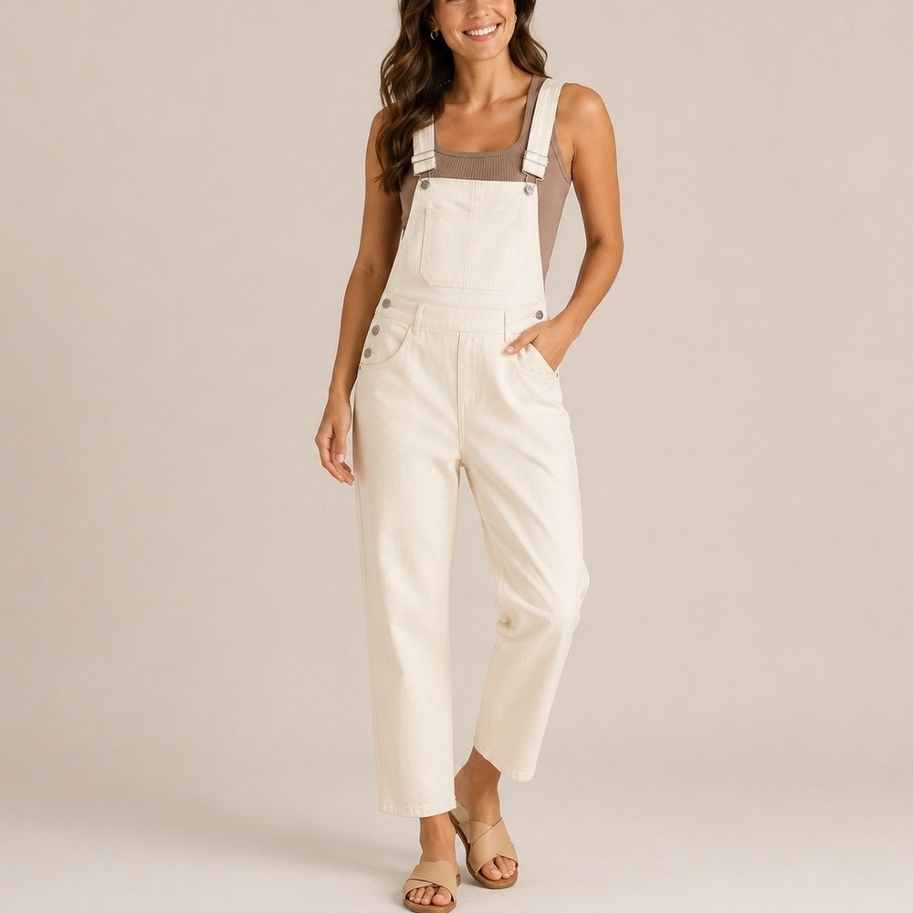Quince 100% Organic Denim Overalls Coastal Casual Trip Vintage White Small NWT